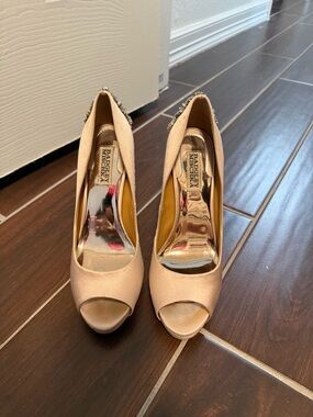 Badgley Mischka Blush Satin Peep-Toe Heels with Crystal Accent